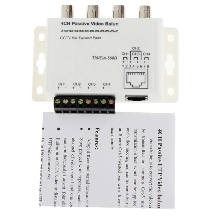 4 路無源 UTP 視頻平衡器 / CCTV 雙絞線傳輸, UTP 視頻平衡器