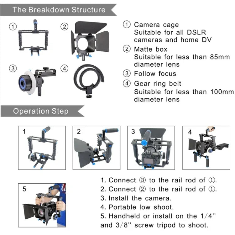 YELANGU YLG1103A-B 大手柄攝影機籠穩定器 + DSLR 相機 / 攝影機用遮光罩套件