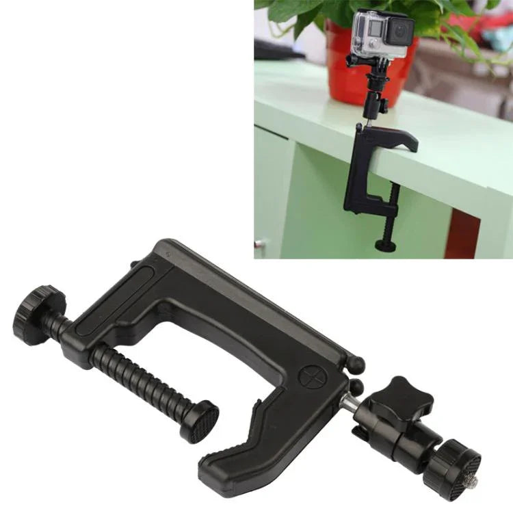 適用於 GoPro、Insta360、DJI 及其他運動相機的桌面固定夾持支架帶三腳架轉接頭，夾持尺寸：1 - 6 cm，桌面夾