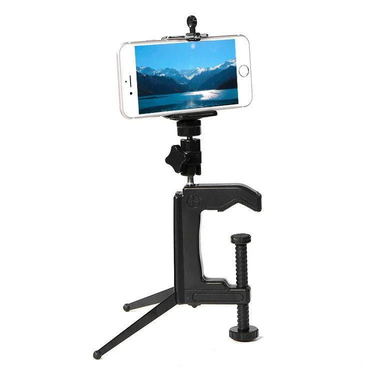 適用於 GoPro、Insta360、DJI 及其他運動相機的桌面固定夾持支架帶三腳架轉接頭，夾持尺寸：1 - 6 cm，桌面夾