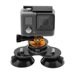 三角方向吸盤支架，含三腳架安裝座與手柄螺絲，適用 GoPro、Insta360、DJI 及其他運動相機