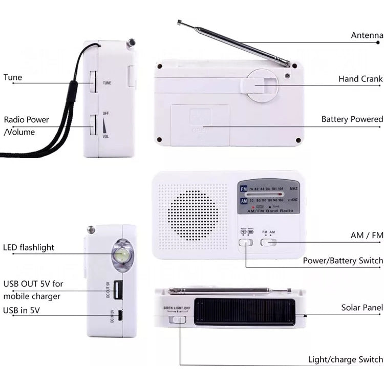 多功能便攜式太陽能／手搖發電 LED 手電筒，附 AM/FM 收音機及手機充電器，RD369