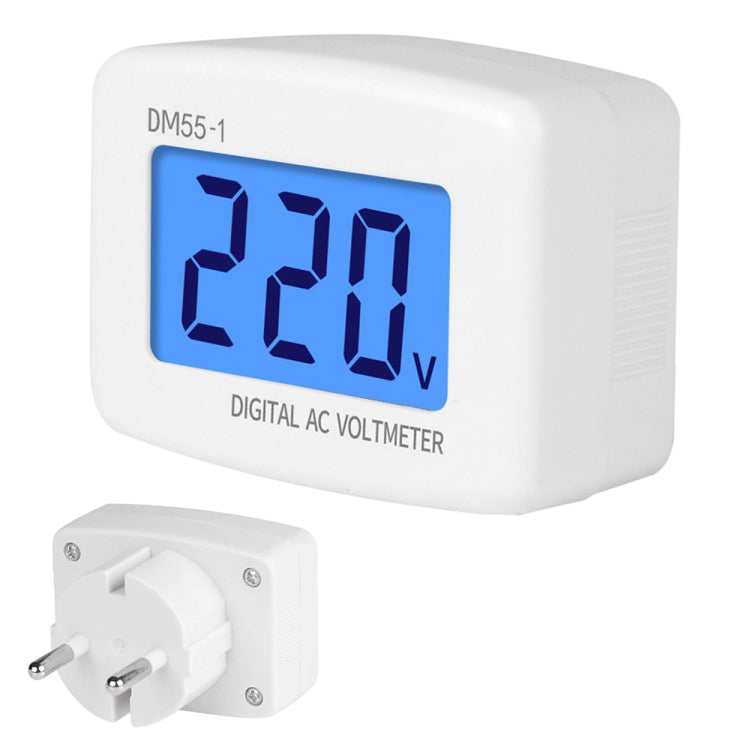 DM55-1 LCD 交流數位電壓計，量測範圍：110V-300V，歐規插頭