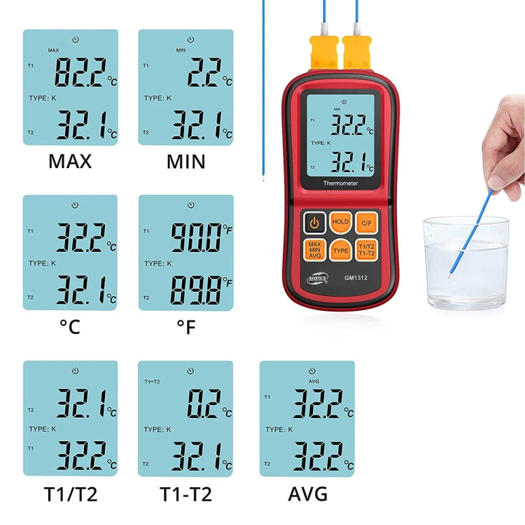 BENETECH GM1312 2.4 吋 LCD 螢幕熱電偶溫度計，測量 J、K、T、E、N 及 R 型，測量範圍：-50~300°C