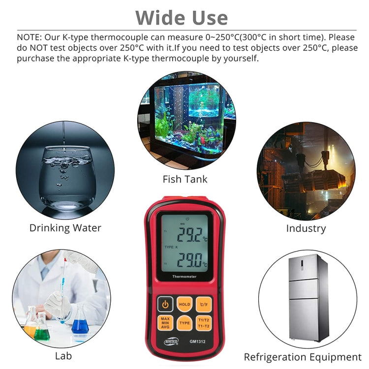 BENETECH GM1312 2.4 吋 LCD 螢幕熱電偶溫度計，測量 J、K、T、E、N 及 R 型，測量範圍：-50~300°C