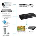 5 埠全高清 1080P HDMI 切換器，帶切換按鈕及遙控器，1.3 版本（5 埠 HDMI 輸入，1 埠 HDMI 輸出），1.3 版本