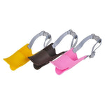 Cute duck silicone dog muzzle in pink, brown, and yellow colors, ideal for pet dogs with size S.