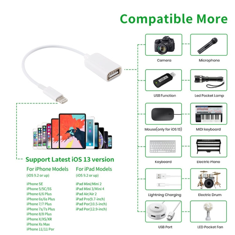USB 母對 8 針公 OTG 轉接線，支援 iOS 10.2 及以下，長度：18公分