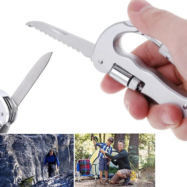 重型D形登山扣夾扣鑰匙鏈掛鉤附雙刀及LED手電筒，D形+刀