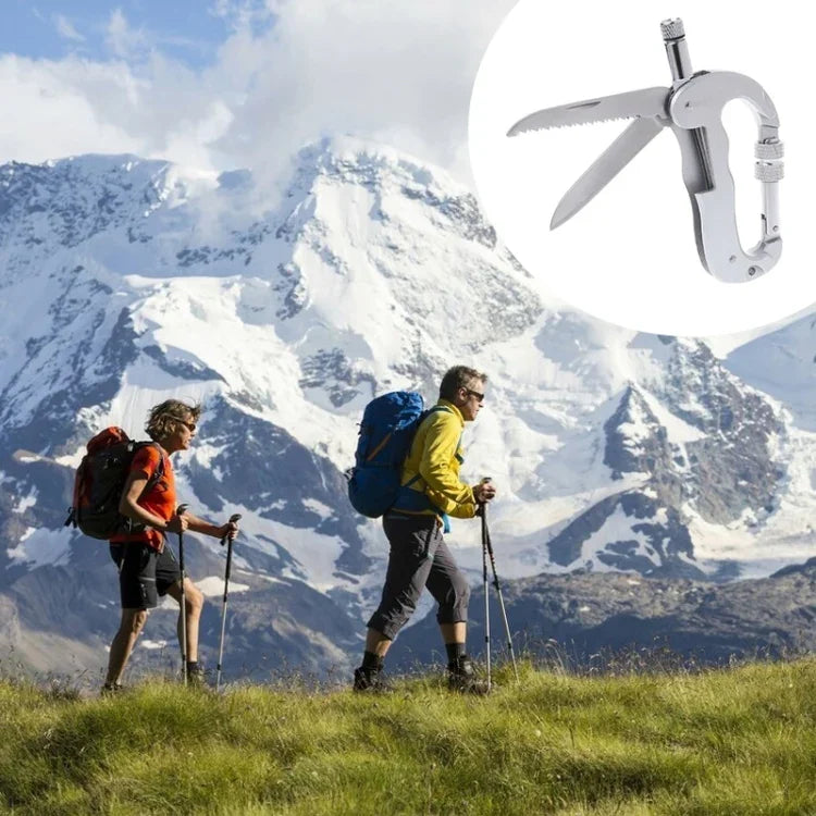 重型D形登山扣夾扣鑰匙鏈掛鉤附雙刀及LED手電筒，D形+刀