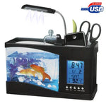 USB桌面水族箱迷你魚缸帶流水和6顆LED燈，LCD時鐘顯示帶日曆、時間和鬧鐘（容水量1.5夸脫）