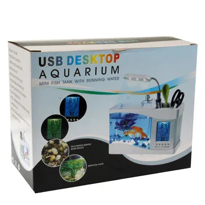 USB桌面水族箱迷你魚缸帶流水和6顆LED燈，LCD時鐘顯示帶日曆、時間和鬧鐘（容水量1.5夸脫）
