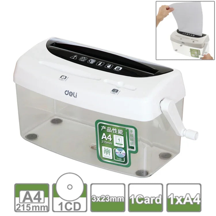 得力辦公系列手搖A4/CD/卡片桌面碎紙機，垃圾桶容量：4L（編號9935），編號9935