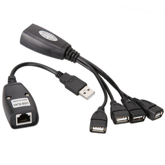 USB 2.0 CAT5 / CAT5E / CAT6 RJ45 轉 4 USB 以太網延長線 LAN 擴展線中繼轉接器，4 埠 USB