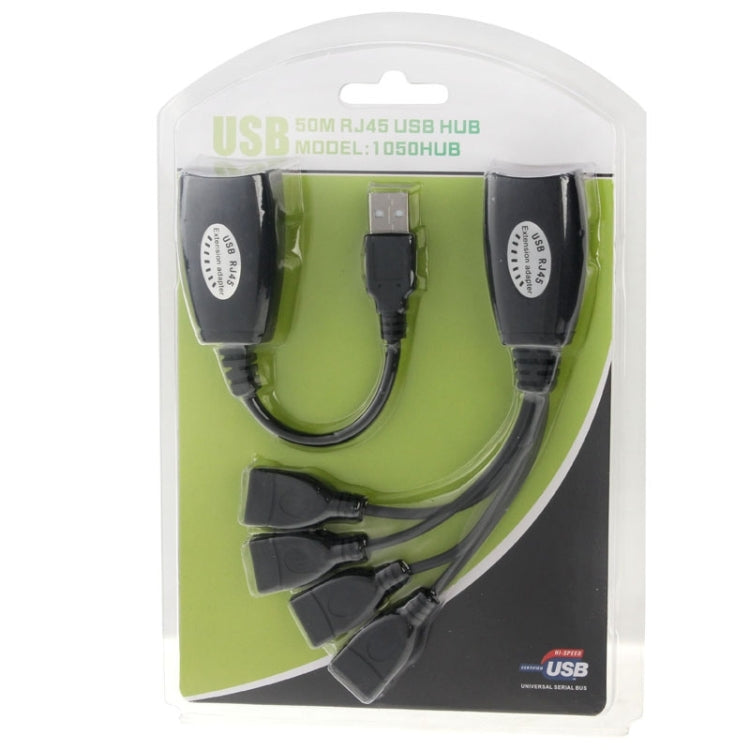 USB 2.0 CAT5 / CAT5E / CAT6 RJ45 轉 4 USB 以太網延長線 LAN 擴展線中繼轉接器，4 埠 USB