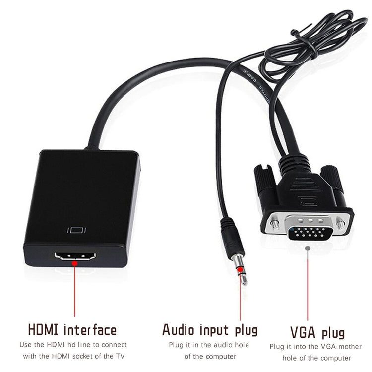 VGA + 音訊轉全高清1080P HDMI視頻轉換盒，HDMI母對VGA公 + 音訊，黑色