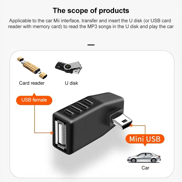 迷你 USB 公頭轉 USB 2.0 AF 轉接器，支援 OTG 功能，90 度左彎，90 度右彎