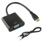 22cm 全高清 1080P 迷你 HDMI 公頭轉 VGA 母頭視訊轉接線，附音訊線，迷你 HDMI
