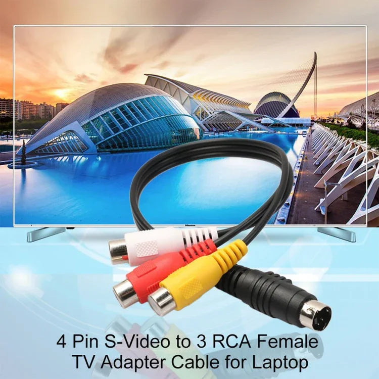 4針 S-Video 電視轉 RCA 轉換器 AV 母頭線，長度：20cm，S-Video 轉 AV 3RCA 母頭