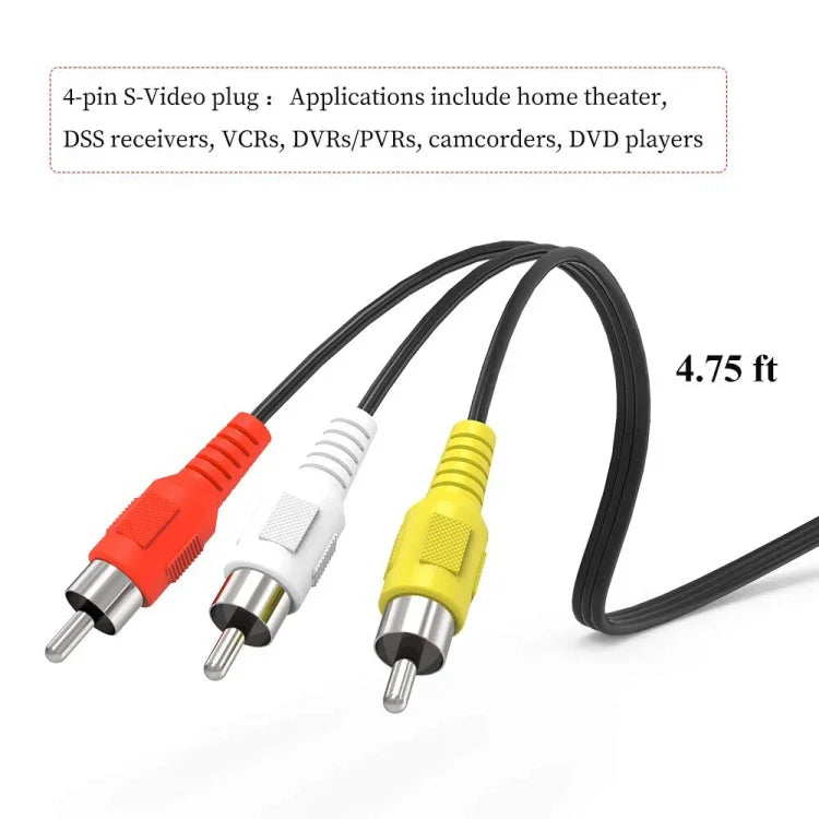 4針 S-Video 轉 3 RCA AV 電視公頭線轉換器，長度：1.5M，S-Video 轉 AV 3RCA 公頭