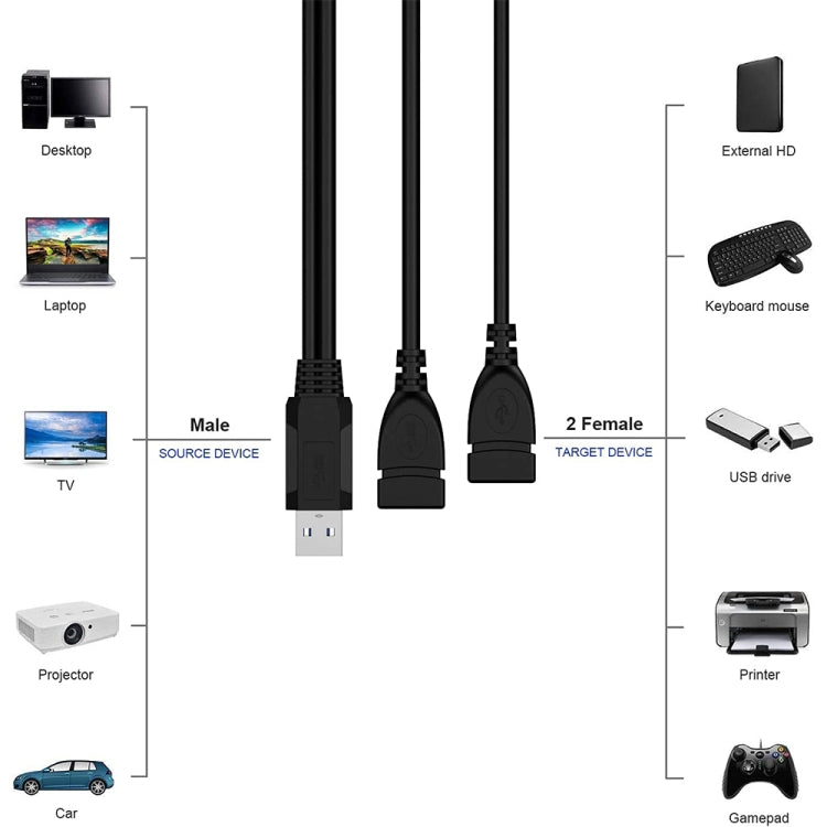 USB 2.0 公頭轉雙 USB 母座轉接線，適用於電腦／筆記型電腦，長度：約 30cm，USB 2.0 AM 轉 2 個 USB 2.0 AF