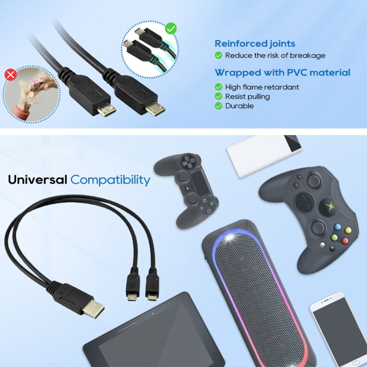 USB 2.0 公頭轉 2 個 Micro USB 公頭線，長度：約 30cm，USB 2.0 AM 轉 2 Micro USB