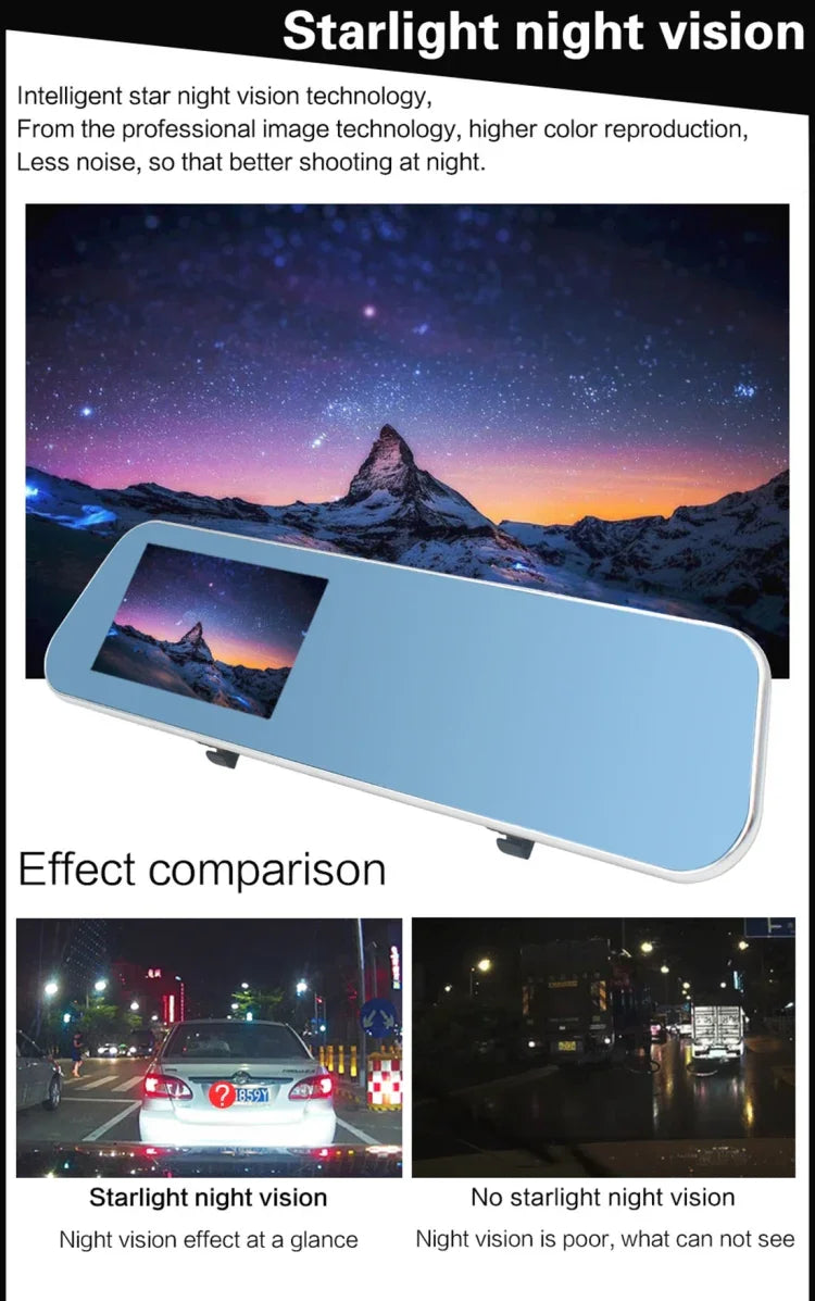 全高清 1080P 4.3 吋螢幕顯示雙鏡頭車用 DVR，140 度廣角視野，支援夜視／停車監控／循環錄影／動態偵測／G 感測器／TF 卡，4.3 吋
