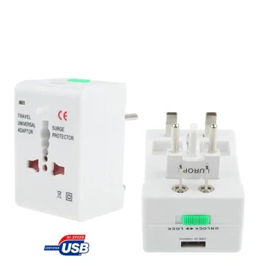 通用美規 / 歐規 / 澳規 / 英規旅行交流電源轉接插頭，帶 USB 充電插座，帶 USB 埠