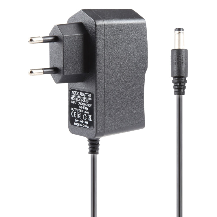 歐盟插頭交流100-240V轉直流6V 2A電源適配器，接頭：5.5 x 2.1毫米，線長：1.1米，歐盟插頭直流6V 2A