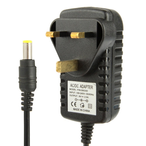 高品質英國插頭交流100-240V轉直流9V 2A電源適配器，接頭：5.5 x 2.1毫米，線長：1米，英國插頭直流9V 2A