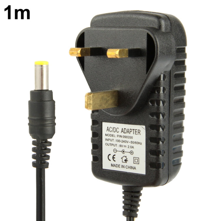 高品質英國插頭交流100-240V轉直流9V 2A電源適配器，接頭：5.5 x 2.1毫米，線長：1米，英國插頭直流9V 2A