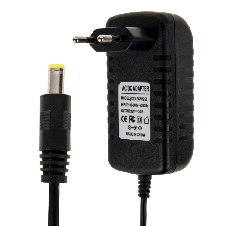 歐規插頭 AC 100-240V 轉 DC 12V 3A 電源適配器，接頭：5.5 x 2.1mm，線長：約1.2米，歐規插頭 DC 12V 3A