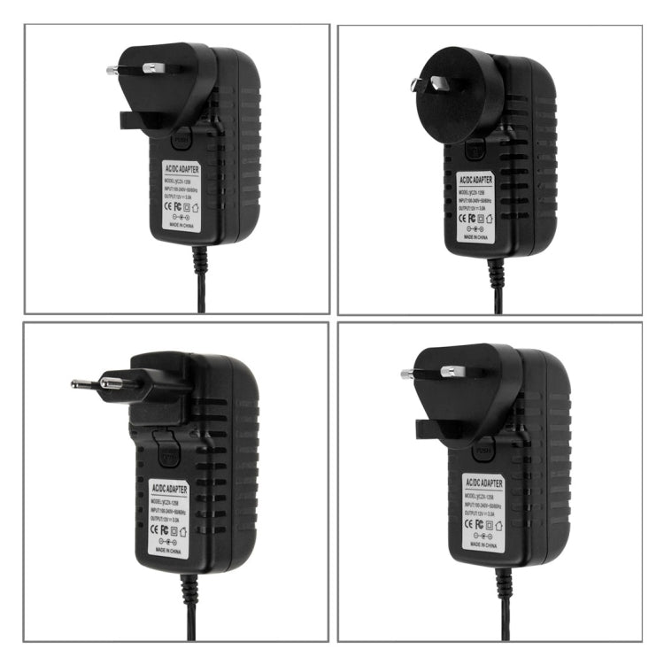 4合1 歐規插頭+美規插頭+英規插頭+澳規插頭 AC 100-240V 轉 DC 12V 3A 電源適配器，接頭：5.5 x 2.1mm，線長：約1.2米，歐規+美規+英規+澳規插頭