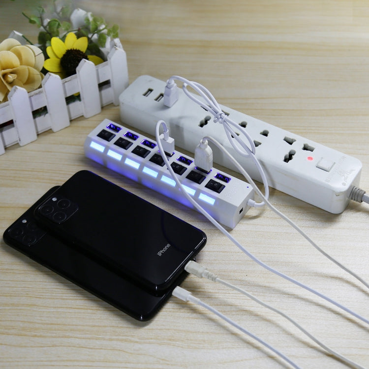 7埠USB集線器 2.0 USB分接器 高速480Mbps 帶開關/7顆LED燈，7埠（白色），7埠（黑色）