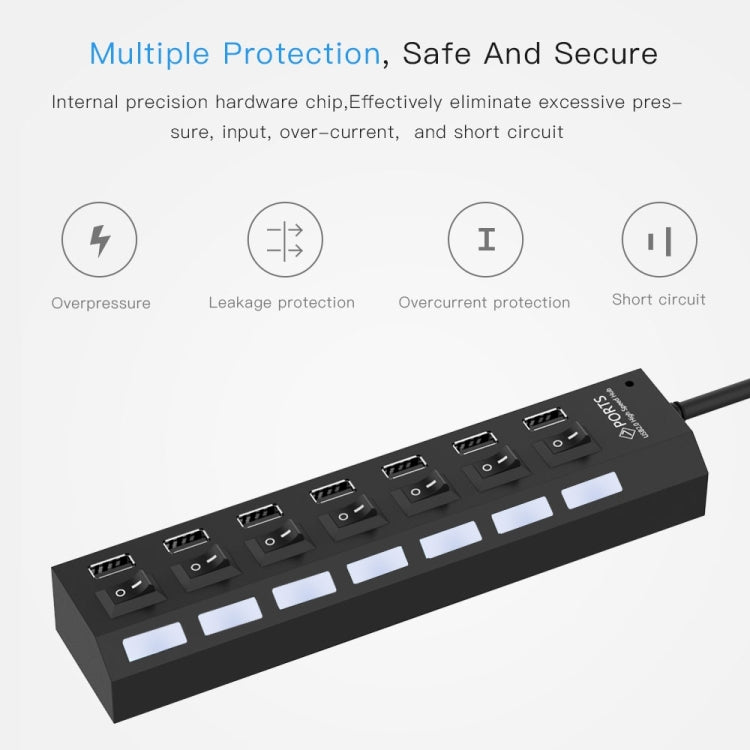 7埠USB集線器 2.0 USB分接器 高速480Mbps 帶開關/7顆LED燈，7埠（白色），7埠（黑色）