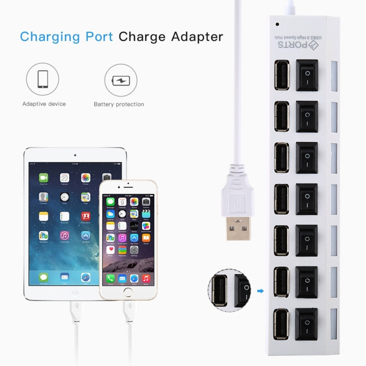 7埠USB集線器 2.0 USB分接器 高速480Mbps 帶開關/7顆LED燈，7埠（白色），7埠（黑色）