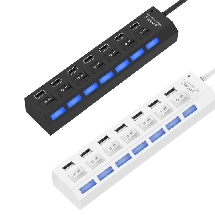 7埠USB集線器 2.0 USB分接器 高速480Mbps 帶開關/7顆LED燈，7埠（白色），7埠（黑色）