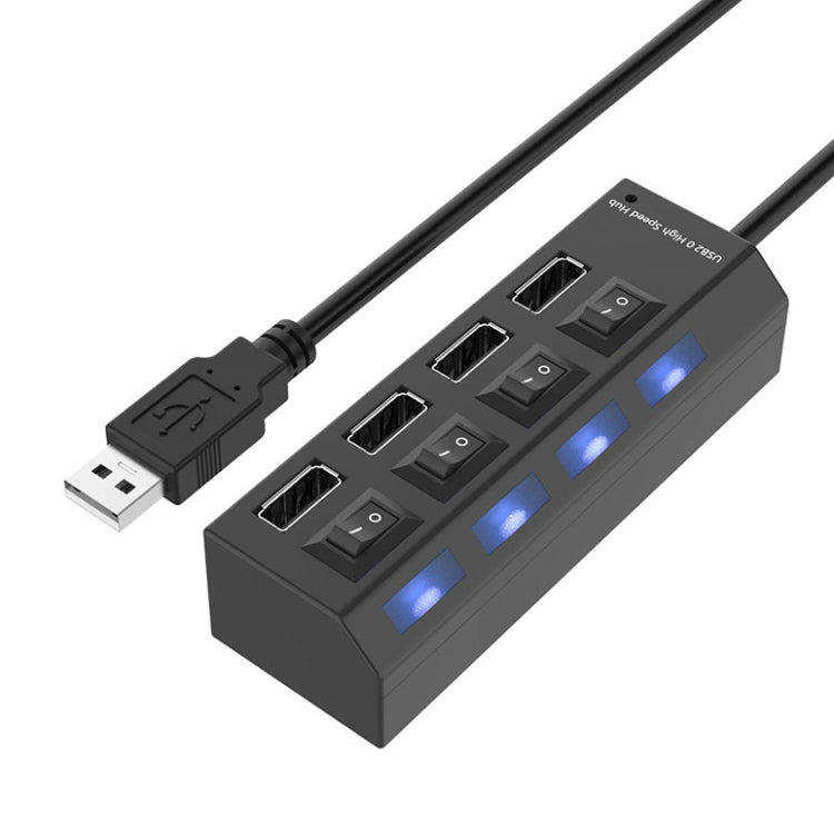 4埠USB集線器 2.0 USB分接器 高速480Mbps 帶開關，4顆LED燈，4埠帶4顆LED燈（黑色）
