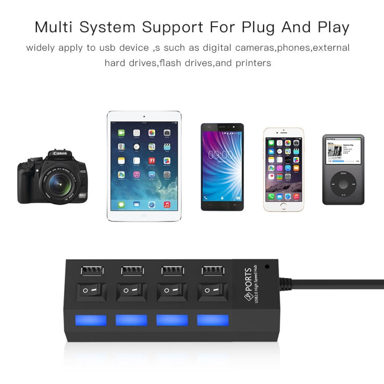 4埠USB集線器 2.0 USB分接器 高速480Mbps 帶開關，4顆LED燈，4埠帶4顆LED燈（黑色）