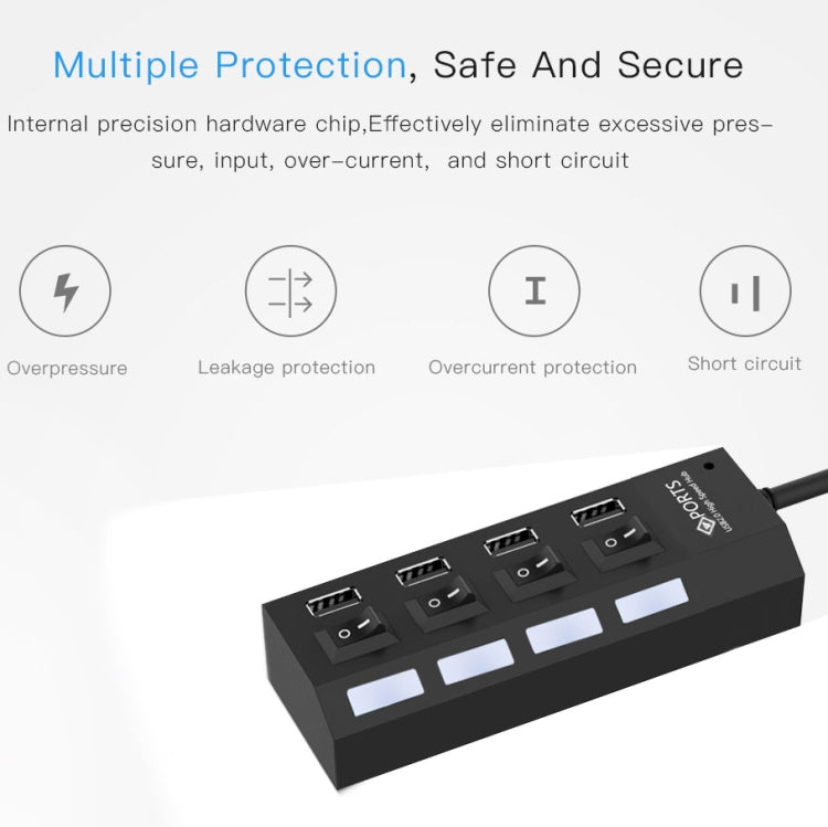 4埠USB集線器 2.0 USB分接器 高速480Mbps 帶開關，4顆LED燈，4埠帶4顆LED燈（黑色）