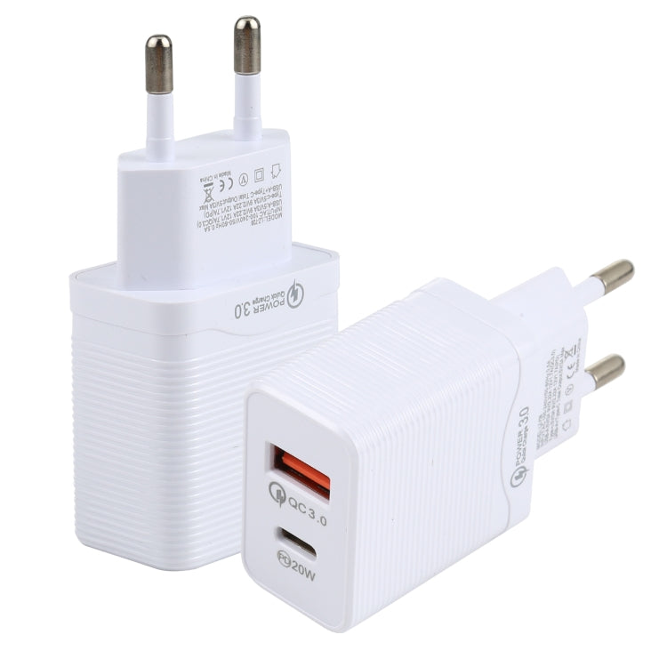 LZ-728 QC 3.0 USB + PD 20W USB-C / Type-C 快速旅行充電器，歐洲插頭，歐洲插頭