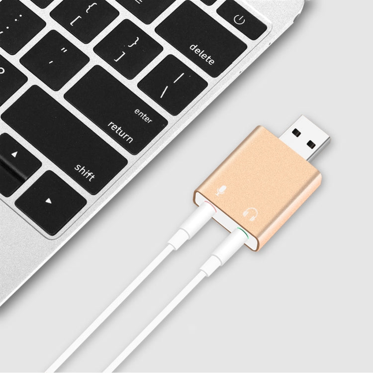 鋁合金外殼3.5mm插孔外接USB音效卡 HIFI魔音7.1聲道轉接器免驅動，適用電腦、桌機、喇叭、耳機、麥克風，鋁合金7.1聲道金色