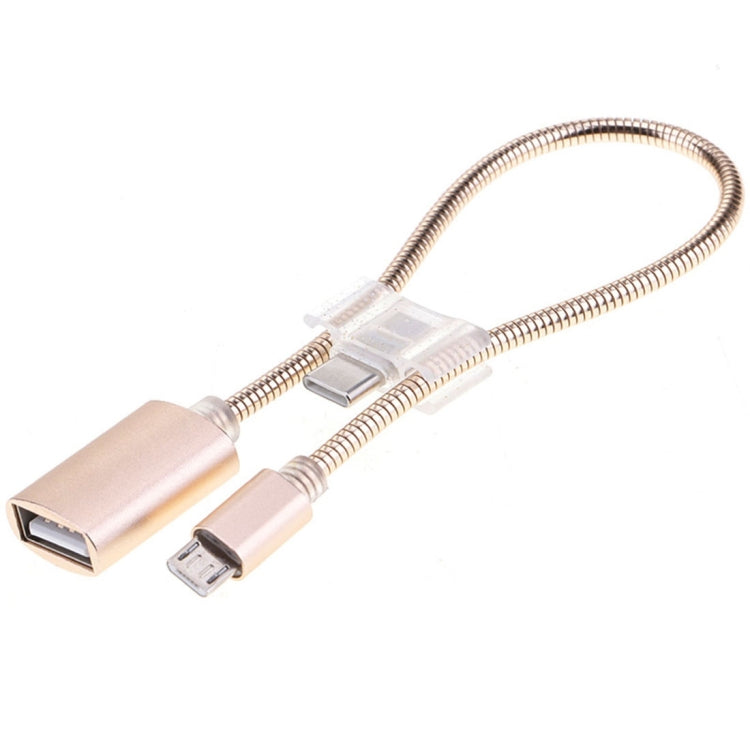 24cm 2A Micro USB 對 USB 鋁合金軟管 OTG 轉接器數據充電線，帶 USB-C / Type-C 連接器