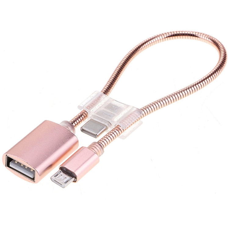 24cm 2A Micro USB 對 USB 鋁合金軟管 OTG 轉接器數據充電線，帶 USB-C / Type-C 連接器