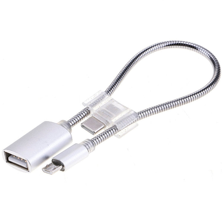 24cm 2A Micro USB 對 USB 鋁合金軟管 OTG 轉接器數據充電線，帶 USB-C / Type-C 連接器