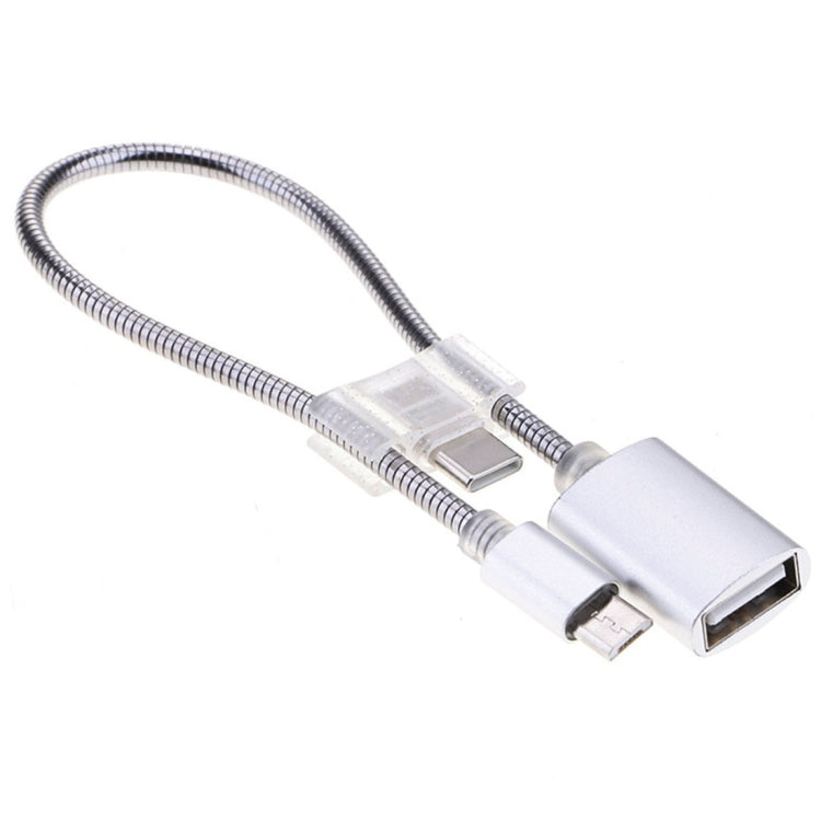 24cm 2A Micro USB 對 USB 鋁合金軟管 OTG 轉接器數據充電線，帶 USB-C / Type-C 連接器