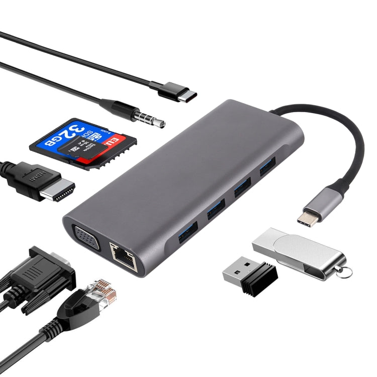 11合1 VGA + LAN埠 + 4個USB 3.0 + SD / TF卡 + HDMI + 音訊埠 + USB-C / Type-C母頭轉USB-C / Type-C集線器轉接器，11埠轉Type-C