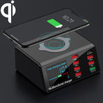 X9 9 合 1 QC 3.0 USB 介面 + 6 USB 埠 + PD 65W 埠 + QI 無線快速充電多功能充電器，帶 LED 顯示，X9