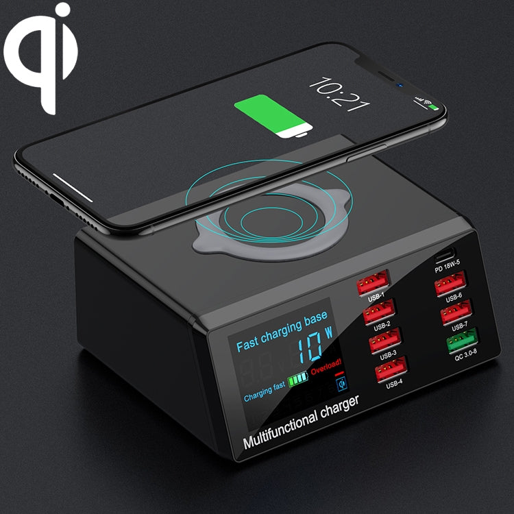 X9 9 合 1 QC 3.0 USB 介面 + 6 USB 埠 + PD 65W 埠 + QI 無線快速充電多功能充電器，帶 LED 顯示，X9