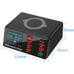 X9 9 合 1 QC 3.0 USB 介面 + 6 USB 埠 + PD 65W 埠 + QI 無線快速充電多功能充電器，帶 LED 顯示，X9